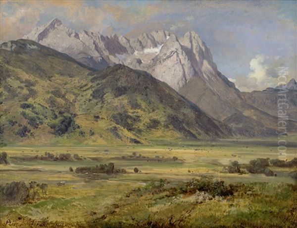 Blick Aus Der Gegend Von Krun Auf Die Alp- Und Die Zugspitze Oil Painting by August Richard Zimmermann