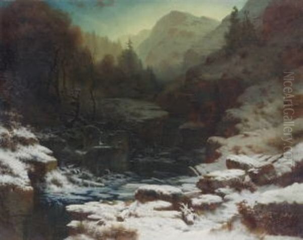 Winterliche Gebirgsschlucht Mit Abgebrannter Muhle Oil Painting by August Richard Zimmermann