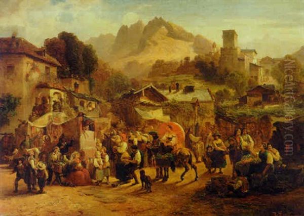 The Arrival Of The Puppet Show Oil Painting by August Richard Zimmermann