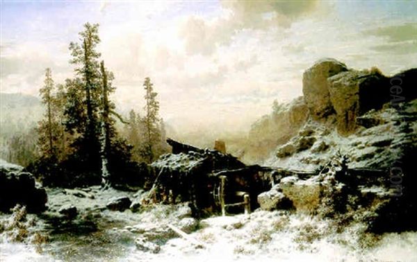 Mill In A Mountainous Winter Landscape by August Richard Zimmermann