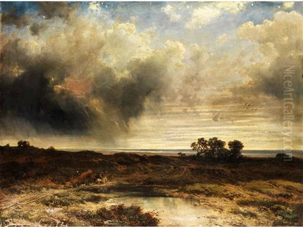 Flache Kustenlandschaft Mit Heraufziehendem Gewitter Und Zwei Reitern An Einem Tumpel Oil Painting by August Robert Zimmermann