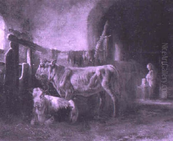 Cows In A Barn Oil Painting by August Robert Zimmermann