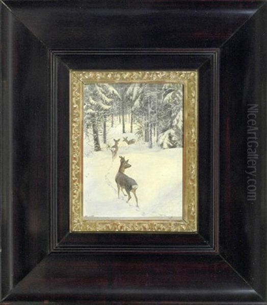 Rehe In Einem Winterwald Oil Painting by Carl Zimmermann