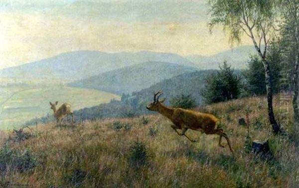 Springender Rehbock Und Ricke Am Waldrand Mit Blick Auf Eine Industrieanlage Oil Painting by Carl Zimmermann