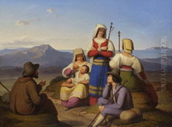 Landleute Aus Der Umgebung Roms Auf Der Pilgerfahrt Nach Loretto Oil Painting by Clemens Von Zimmermann