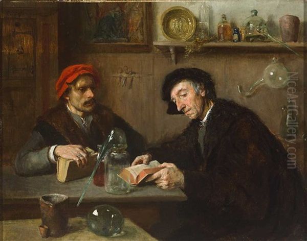 Zwei Alchimisten In Stube Mit Zahlreichen Geraten Oil Painting by Ernst Karl Georg Zimmermann