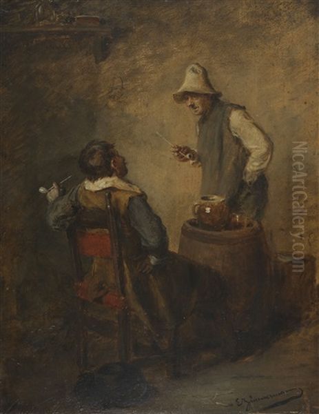 Zwei Pfeiferauchende Manner In Der Stube Oil Painting by Ernst Karl Georg Zimmermann