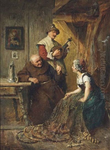 A Melody Whilst Mending The Nets Oil Painting by Ernst Karl Georg Zimmermann