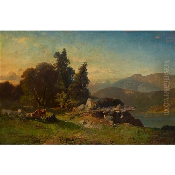 Weidende Kuhe Oberhalb Eines Bergsees Oil Painting by Friedrich Zimmermann