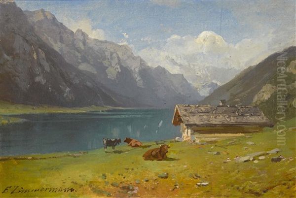 Bergsee Mit Weidenden Kuhen Oil Painting by Friedrich Zimmermann