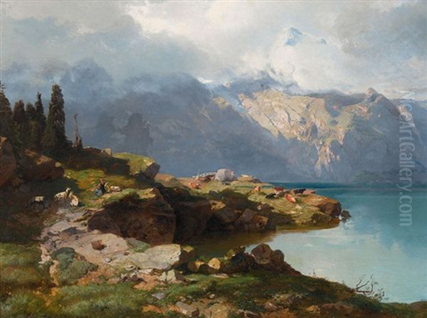 Felsiges Bergseeufer Mit Hirtin Und Herde Oil Painting by Friedrich Zimmermann