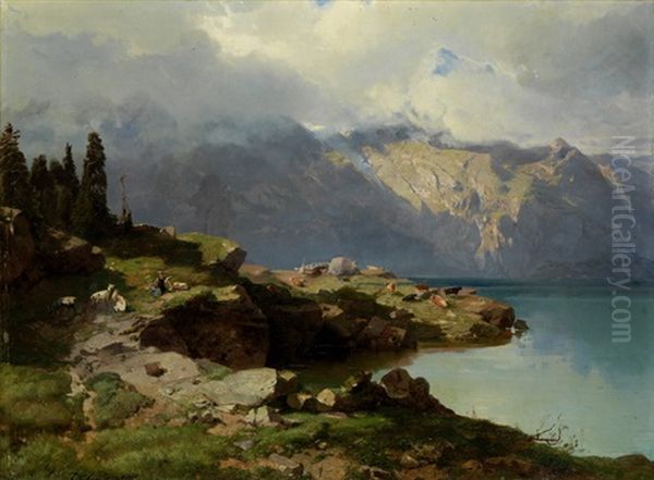 Ufer An Einem Gebirgsee Oil Painting by Friedrich Zimmermann