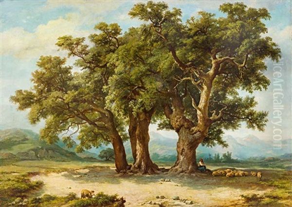 Rast Unter Eichen. Schaferin Mit Ihrer Herde Unter Prachtvoller Eichengruppe Vor Gebirgshintergrund Oil Painting by Max Zimmermann