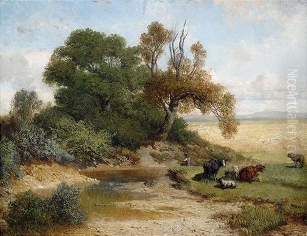 Sommerliche Vorgebirgslandschaft Mit Tierstaffage Oil Painting by Max Zimmermann