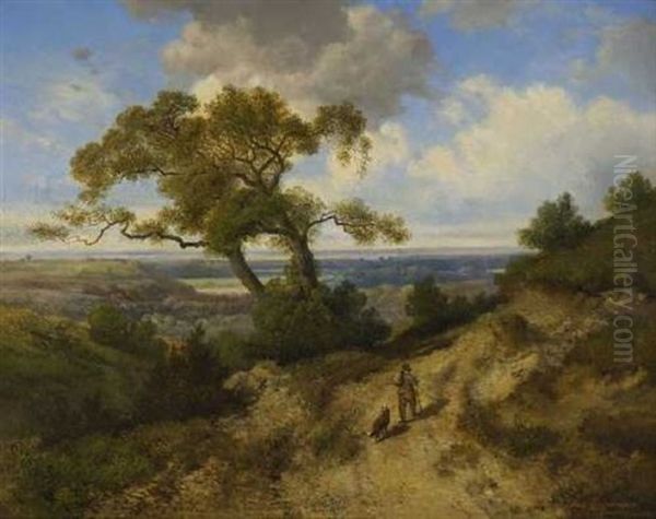 Wanderer Mit Hund In Hugeliger Landschaft Oil Painting by Max Zimmermann