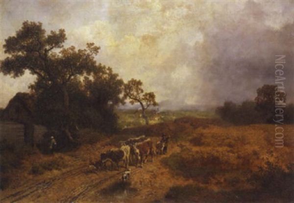 A Peasant Herding Cows On A Country Road In An Extensive Landscape Oil Painting by Max Zimmermann