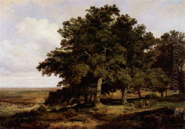 Eichenbaumgruppe Mit Bauern Vor Einer Weiten Landschaft Oil Painting by Max Zimmermann