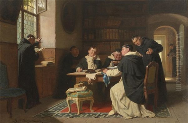 Friars In The Library Oil Painting by Reinhard Sebastian Zimmermann