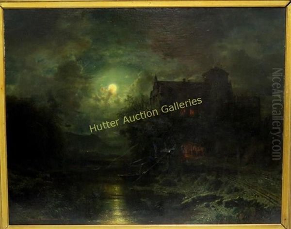 House And Figures By Moonlight In River Landscape Oil Painting by Reinhard Sebastian Zimmermann