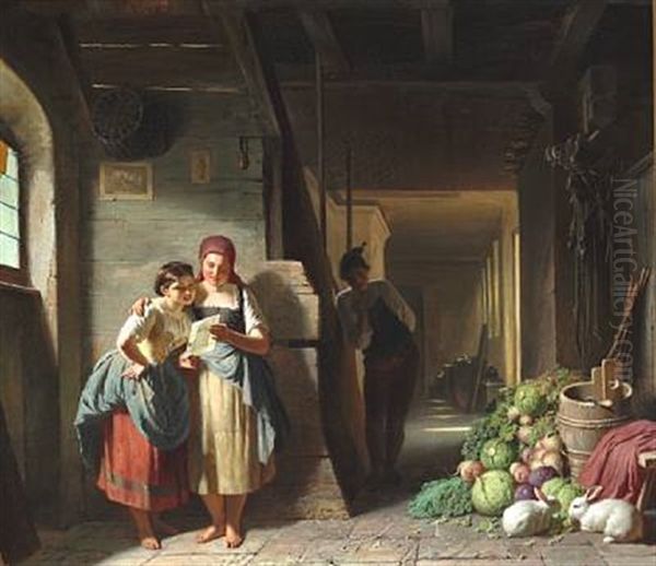 Two Girls Standing In A Scullery Reading A Letter, While A Lad Is Standing In The Background Eavesdropping Oil Painting by Reinhard Sebastian Zimmermann