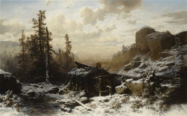 A Mill In A Mountainous Winter Landscape Oil Painting by Richard Zimmermann