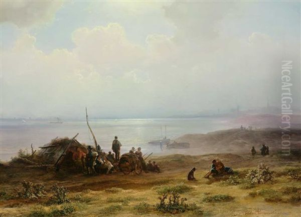 Uferstuck An Einem Dunstigen Tag Mit Lagernden Personen, Vorbeiziehenden Schiffen Und Ferner Stadtansicht Oil Painting by Richard Zimmermann