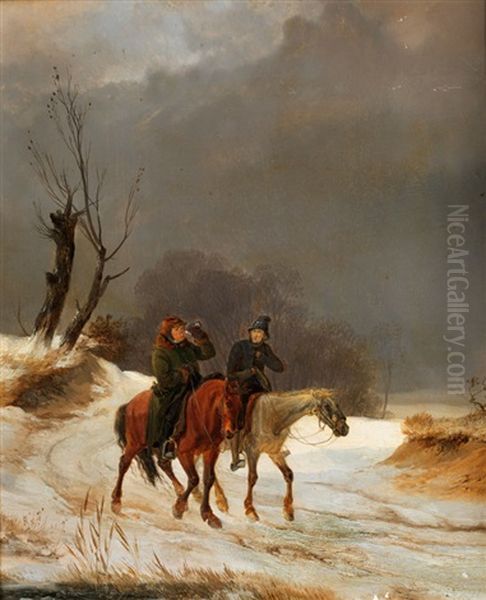 Zwei Reiter In Verschneiter Landschaft Oil Painting by Richard Zimmermann