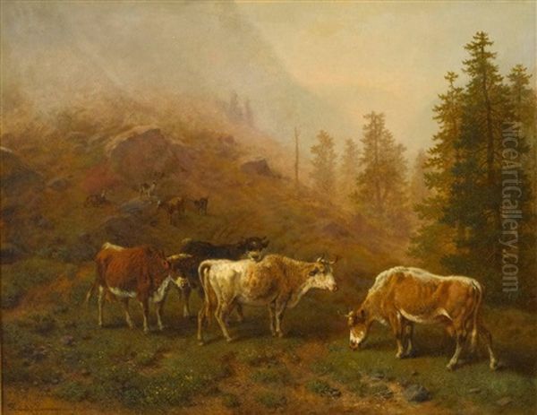 Kuhe Und Ziegen Auf Der Alm Oil Painting by Richard Zimmermann