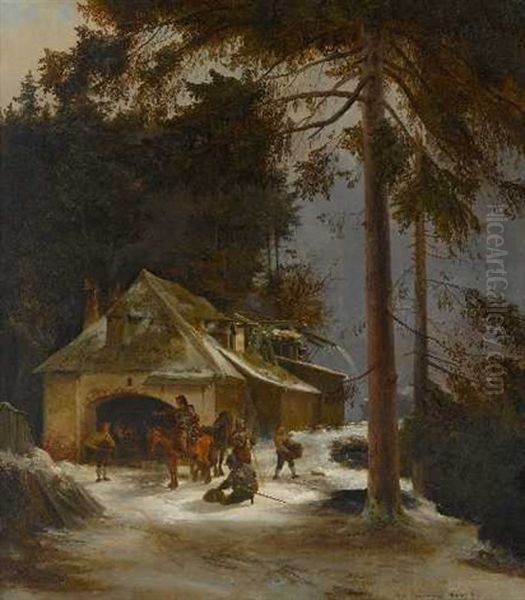 Ritter Zu Pferd Vor Einer Schmiede In Winterlichem Wald Oil Painting by Richard Zimmermann