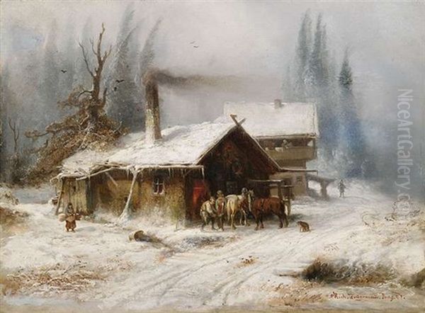 Winterlandschaft Mit Reitern Bei Einem Hufschmied Oil Painting by Richard Zimmermann