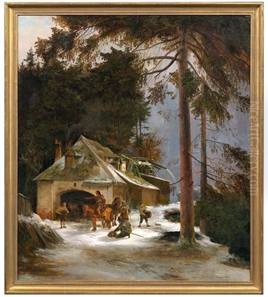 Rastende Reiter Im Winterwald An Einer Schmiede Oil Painting by Richard Zimmermann