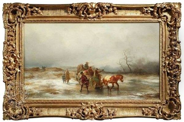 Gauklerfamilie Mit Pferdeschlitten In Winterlicher Landschaft Oil Painting by Richard Zimmermann