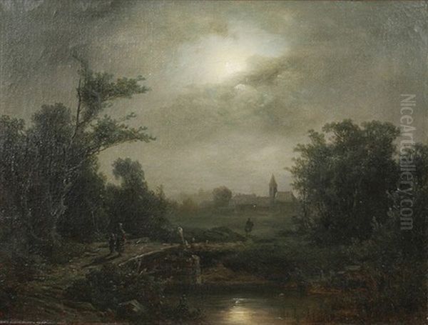 Fluslandschaft Bei Vollmond Mit Frau Und Kind Auf Einer Brucke Zu Einem Dorf Oil Painting by Richard Zimmermann