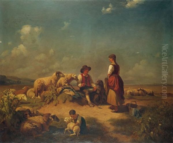 Junge Magd Bei Dem Hirtenjungen Und Seiner Schafherde Oil Painting by Richard Zimmermann