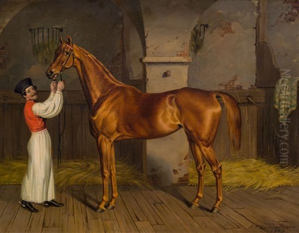 Rennpferd Im Stall Mit Ungarischem Pferdehirten Oil Painting by Theodor Franz Zimmermann