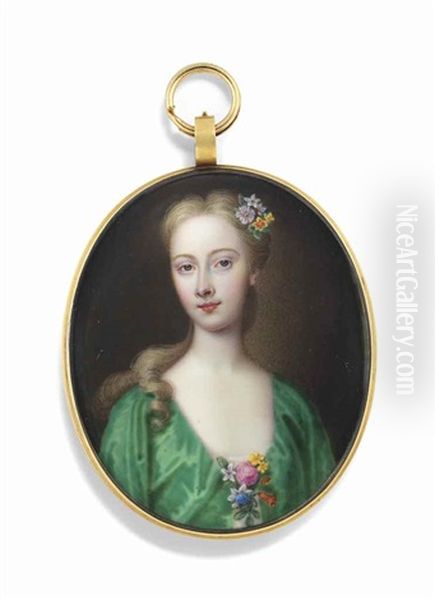 A Young Lady In Green Dress With Flowers At Corsage And In Her Hair Oil Painting by Christian Friedrich Zincke