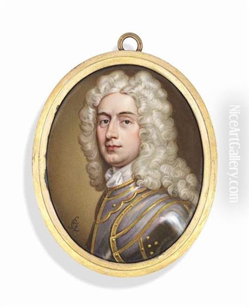 A Gentleman, In Gilt-edged Armour And Long Powdered Curling Wig Oil Painting by Christian Friedrich Zincke