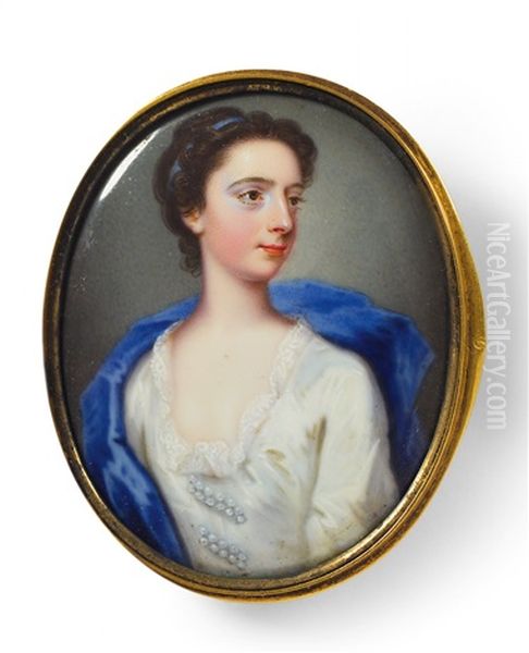 A Portrait Miniature Of A Young Lady In A Blue Cloak Oil Painting by Christian Friedrich Zincke