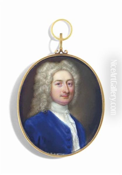 A Gentleman Called Joseph Addison, In Blue Velvet Coat, White Stock And Lace Cravat Oil Painting by Christian Friedrich Zincke