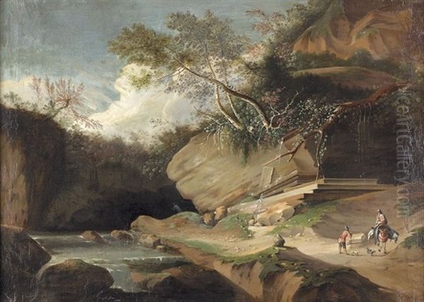 Flusslandschaft Mit Felsen Und Staffage Oil Painting by Adrian Ludwig Zingg