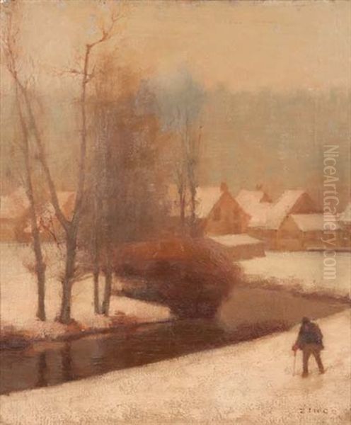 Paysan Pres Du Village Enneige Oil Painting by Jules Emile Zingg