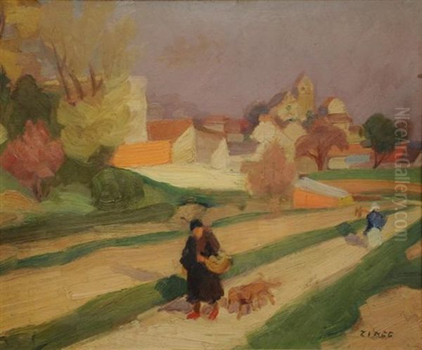 Route Traversant Un Village Oil Painting by Jules Emile Zingg