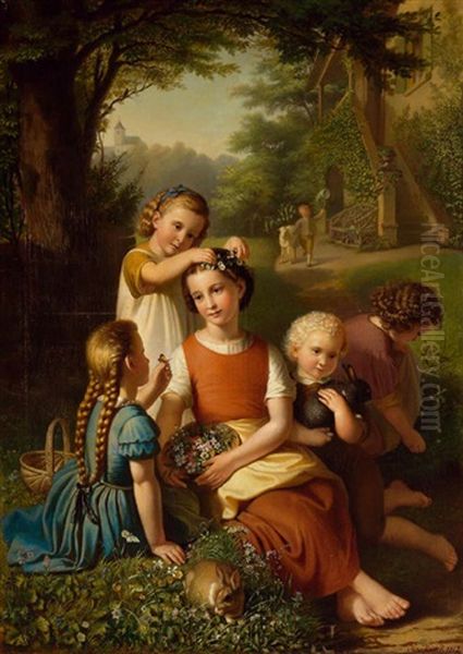 Spielende Kinder In Fruhlingslandschaft Mit Hasen Und Schmetterlingen Oil Painting by Josef Zink