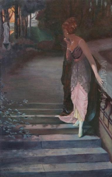 Lady On The Stairs Oil Painting by Katharina Zinner-Rappaport