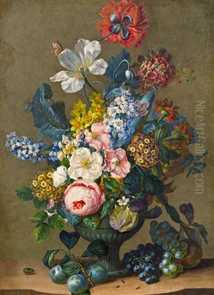 Blumenstuck Mit Fruchten Oil Painting by Leopold Zinnoeger