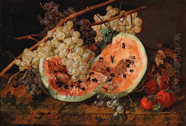 Still Life With Watermelon And Grapes Oil Painting by Leopold Zinnoegger