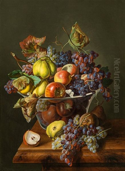 Fruchtestillleben In Glasschale Oil Painting by Leopold Zinnoegger