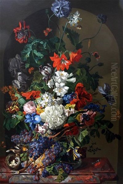 Still Life Of Flowers, Fruit, Butterflies And Birds Nest Upon A Marble Ledge Oil Painting by Leopold Zinnoegger