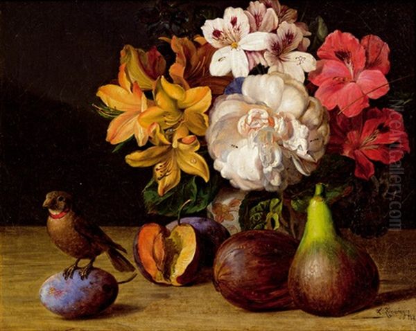 Stillleben Mit Blumen, Obst Und Vogel Oil Painting by Leopold Zinnoegger