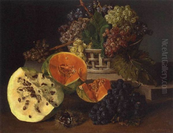 Grapes In A Basket With Melons And Horses Chesnuts Alongside Oil Painting by Leopold Zinnoegger